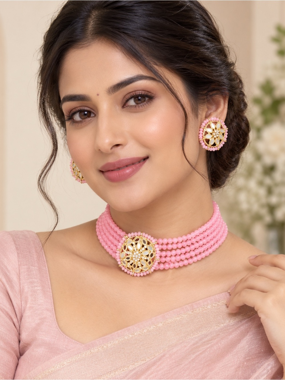 Pink Beaded Choker Necklace with Matching Earrings - Brand